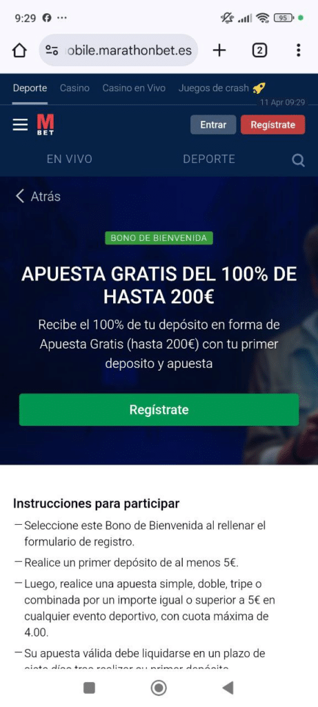 Captura de pantalla que muestra las condiciones del bono de bienvenida de Marathonbet España.