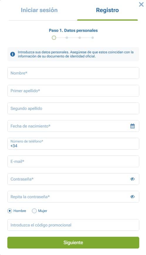 cómo registrarse en 1xbet España