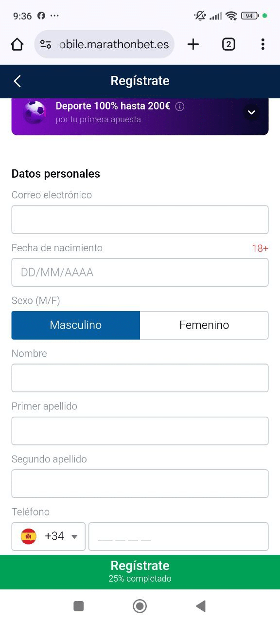 Captura de pantalla del registro en Marathonbet España.
