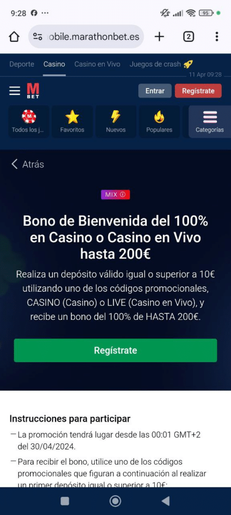 Captura de pantalla del bono de bienvenida para el casino de Marathonbet España.